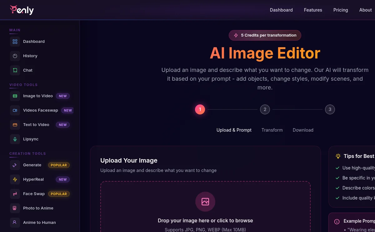 Aipenly AI Image Editor upload and prompt workflow