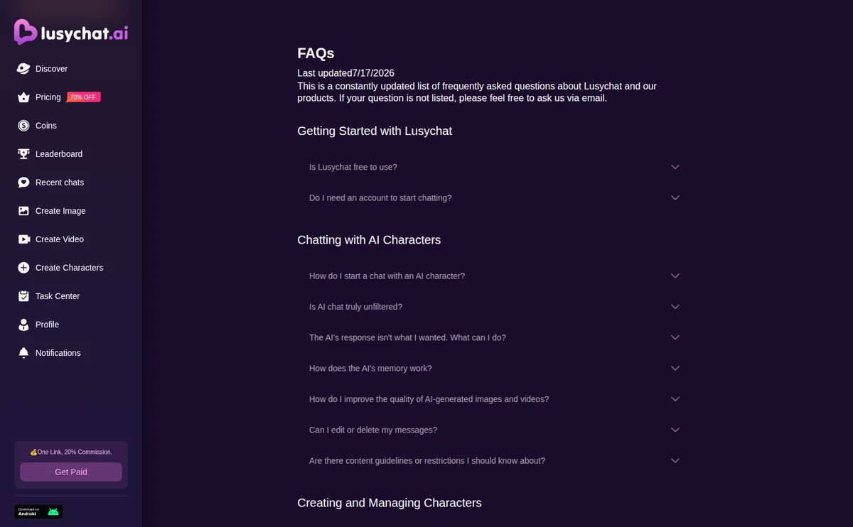 LusyChat FAQ interface