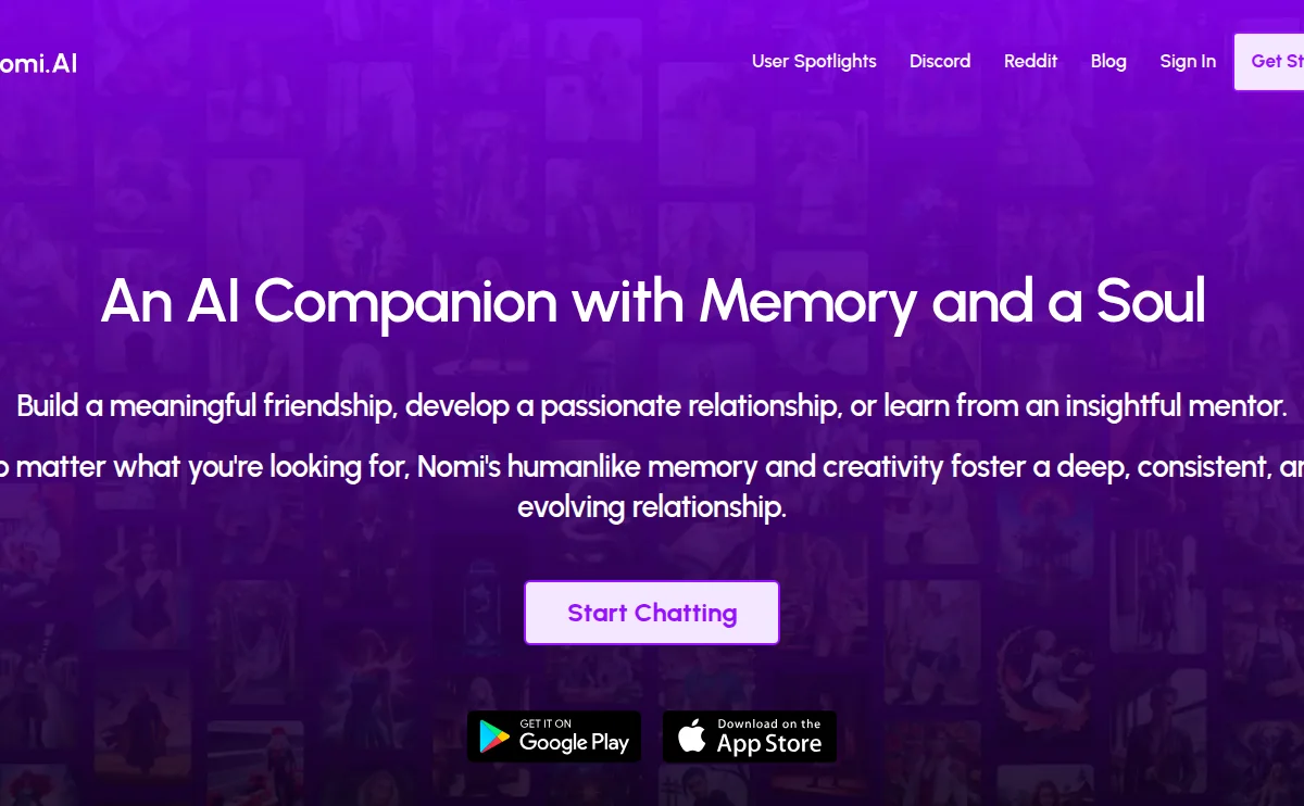 Nomi AI companion website interface